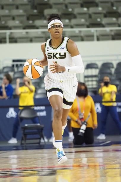 Diamond DeShields of the Chicago Sky dribbles during the game against the Indiana Fever on June 12, 2021 at Bankers Life Fieldhouse in Indianapolis,...
