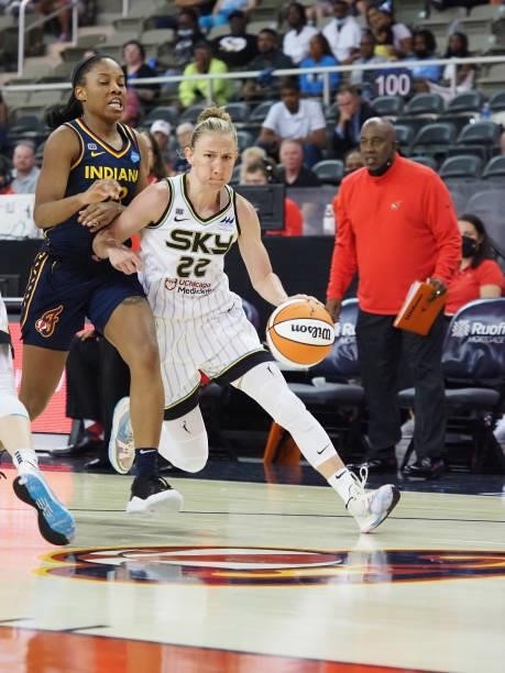Courtney Vandersloot of the Chicago Sky drives to the basket against the Indiana Fever on June 12, 2021 at Bankers Life Fieldhouse in Indianapolis,...