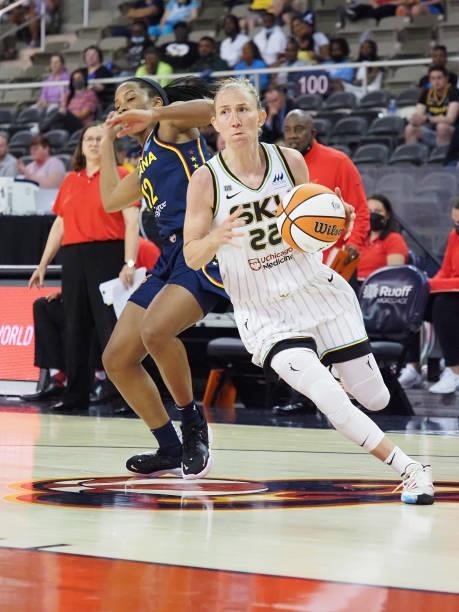 Courtney Vandersloot of the Chicago Sky drives to the basket against the Indiana Fever on June 12, 2021 at Bankers Life Fieldhouse in Indianapolis,...