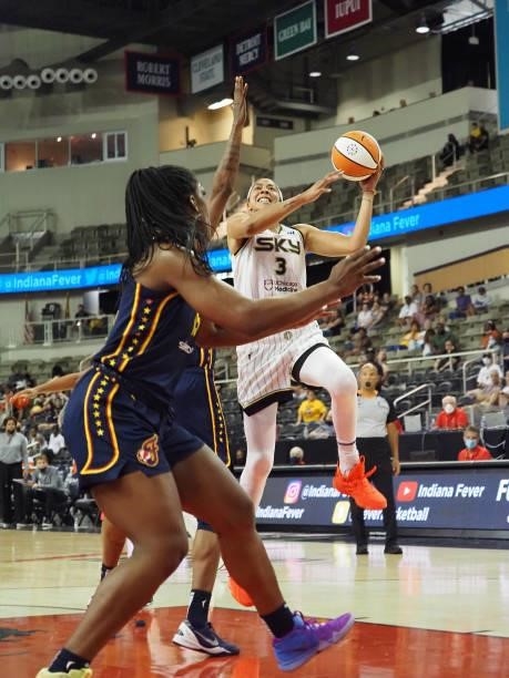 Candace Parker of the Chicago Sky shoots the ball against the Indiana Fever on June 12, 2021 at Bankers Life Fieldhouse in Indianapolis, Indiana....