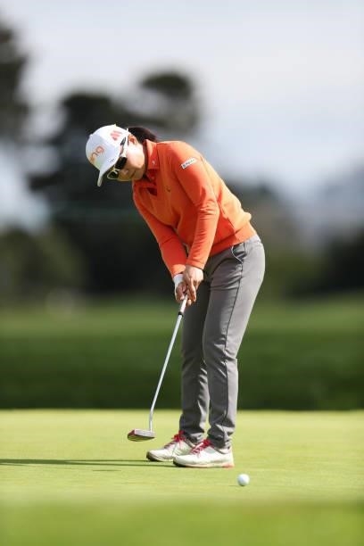 Ayako Uehara of Japan putts from the 1st hole during the round three of the LPGA Mediheal Championship at Lake Merced Golf Club on June 12, 2021 in...