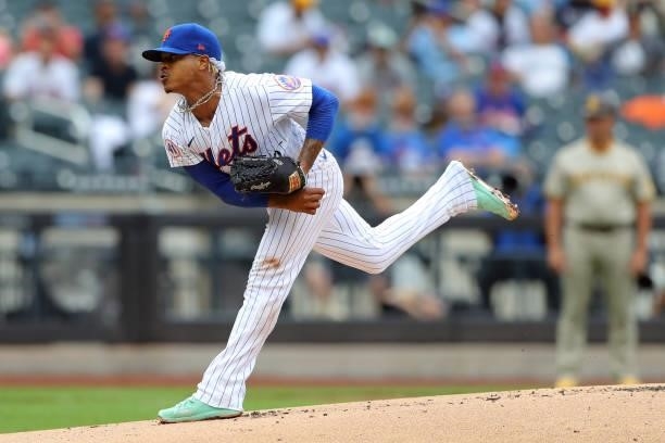 Marcus Stroman of the New York Mets pitches during the game between the San Diego Padres and the New York Mets at Citi Field on Saturday, June 12,...