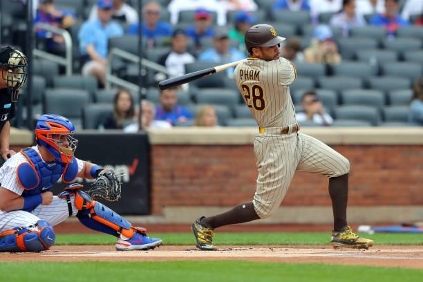 Tommy Pham of the San Diego Padres bats during the game between the San Diego Padres and the New York Mets at Citi Field on Saturday, June 12, 2021...