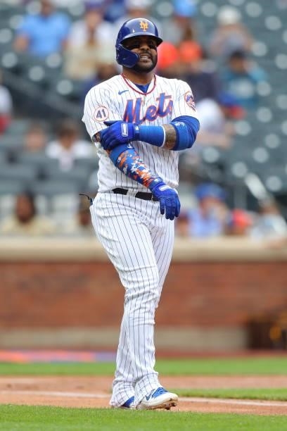 Jonathan Villar of the New York Mets grimaces after being hit by a pitch during the game between the San Diego Padres and the New York Mets at Citi...