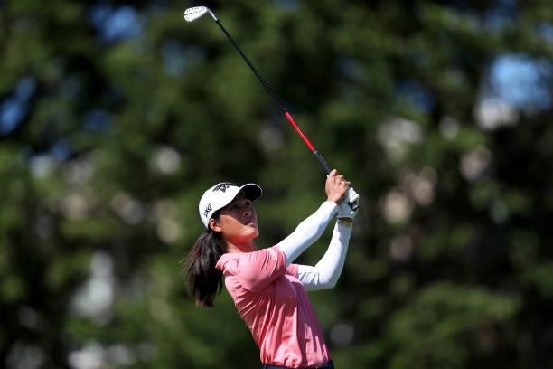 Celine Boutier of France tees off from the 3rd hole during the round three of the LPGA Mediheal Championship at Lake Merced Golf Club on June 12,...
