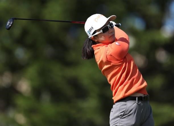 Ayako Uehara of Japan tees off from the 3rd hole during the round three of the LPGA Mediheal Championship at Lake Merced Golf Club on June 12, 2021...