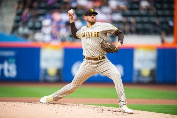 Joe Musgrove of the San Diego Padres pitches in the first inning against the New York Mets at Citi Field on June 12, 2021 in the Queens borough of...