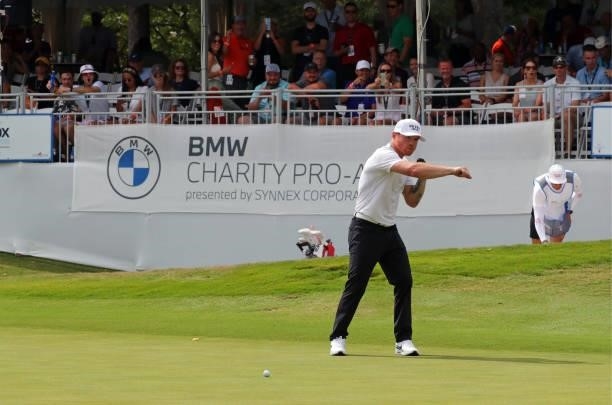 Boxer Canelo Alvarez of Mexico shadow boxes for fans on the 18th hole during the third round of the BMW Charity Pro-Am presented by Synnex...