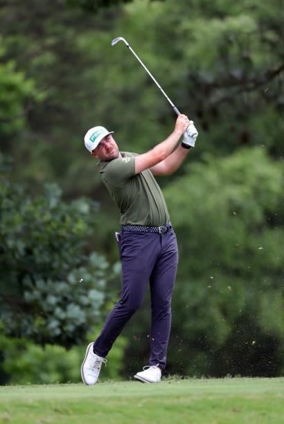 Stuart Macdonald of Canada hits his tee shot on the fourth hole during the third round of the BMW Charity Pro-Am presented by Synnex Corporation at...