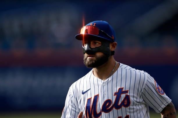 Kevin Pillar of the New York Mets runs off the field during the fifth inning against the San Diego Padres at Citi Field on June 12, 2021 in the...