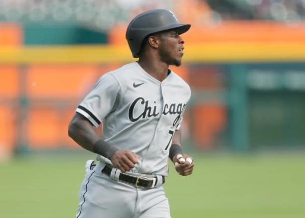 Tim Anderson of the Chicago White Sox scores against the Detroit Tigers on a double by Brian Goodwin during the first inning at Comerica Park on June...