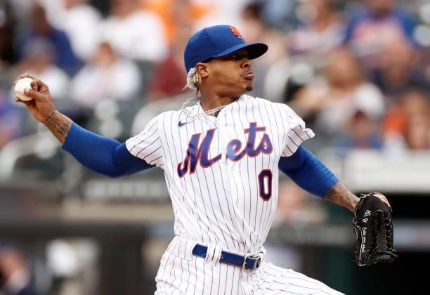 Marcus Stroman of the New York Mets pitches during the second inning against the San Diego Padres at Citi Field on June 12, 2021 in the Flushing...