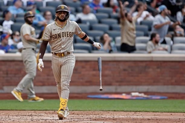 Fernando Tatis Jr. #23 of the San Diego Padres hits a solo home run during the seventh inning against the New York Mets at Citi Field on June 12,...