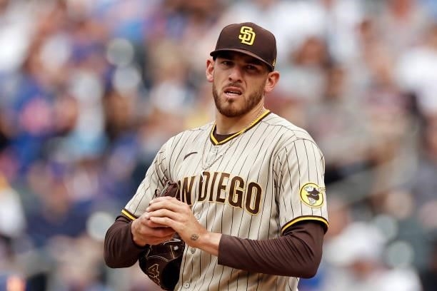 Joe Musgrove of the San Diego Padres reacts during the second inning against the New York Mets at Citi Field on June 12, 2021 in the Flushing...