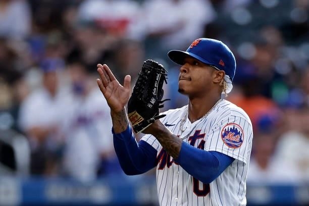 Marcus Stroman of the New York Mets reacts walking to the dugout during the sixth inning against the San Diego Padres at Citi Field on June 12, 2021...