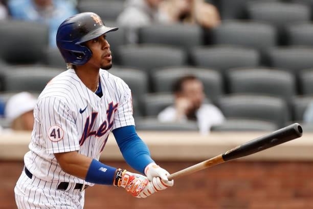 Francisco Lindor of the New York Mets watches his 2-run home run during the first inning against the San Diego Padres at Citi Field on June 12, 2021...