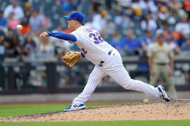 Aaron Loup of the New York Mets pitches during the game between the San Diego Padres and the New York Mets at Citi Field on Saturday, June 12, 2021...