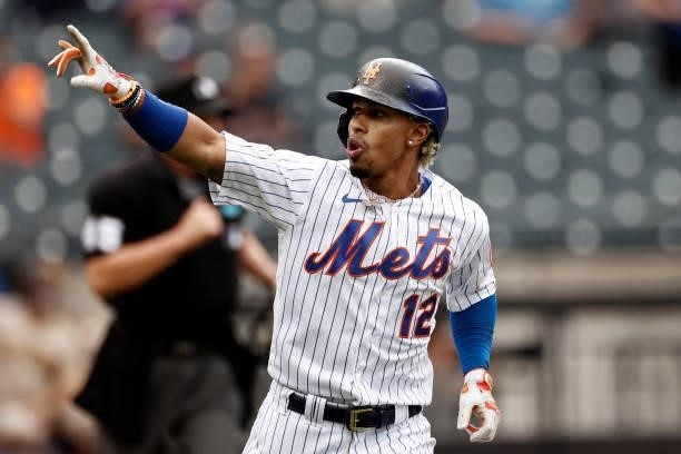 Francisco Lindor of the New York Mets reacts after hitting a 2-run home run during the first inning against the San Diego Padres at Citi Field on...
