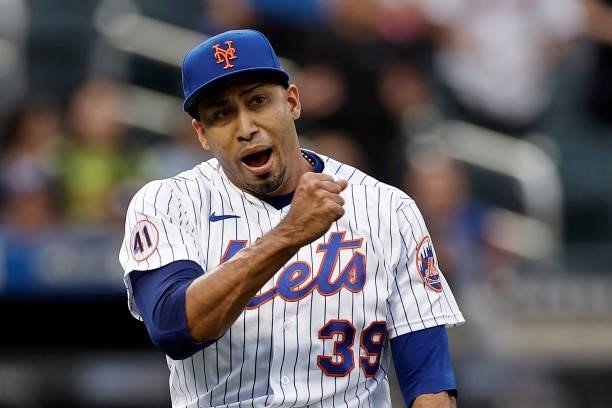 Edwin Diaz of the New York Mets reacts after he final out during the ninth inning against the San Diego Padres at Citi Field on June 12, 2021 in the...