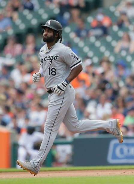 Brian Goodwin of the Chicago White Sox rounds the bases after hitting a three-run home run against the Detroit Tigers during the second inning at...