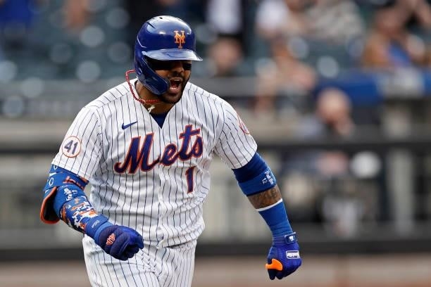 Jonathan Villar of the New York Mets reacts after hitting a solo home run during the eighth inning against the San Diego Padres at Citi Field on June...