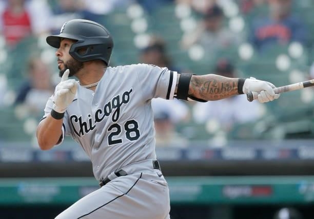 Leury Garcia of the Chicago White Sox singles to drive in two runs against the Detroit Tigers during the second inning at Comerica Park on June 12 in...