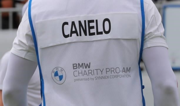 The caddie bib of boxer Canelo Alvarez of Mexico is seen on the 18th hole during the third round of the BMW Charity Pro-Am presented by Synnex...