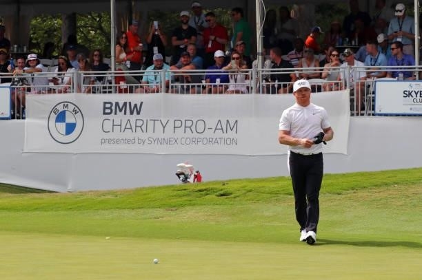 Boxer Canelo Alvarez of Mexico walks to his ball on the 18th green during the third round of the BMW Charity Pro-Am presented by Synnex Corporation...