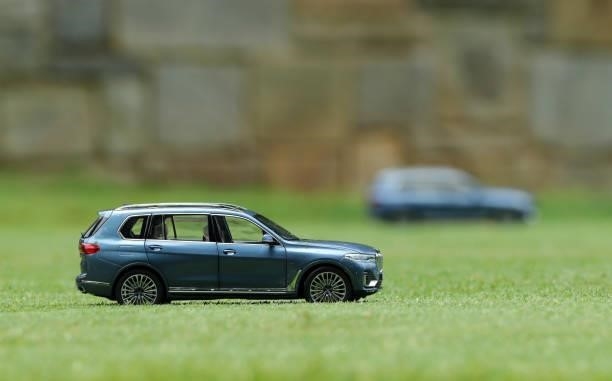 Toy BMW cars are used as tee markers on the fifth hole during the third round of the BMW Charity Pro-Am presented by Synnex Corporation at the...