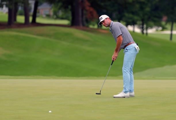 Austin Eckroat makes his birdie putt on the third hole during the third round of the BMW Charity Pro-Am presented by Synnex Corporation at the...