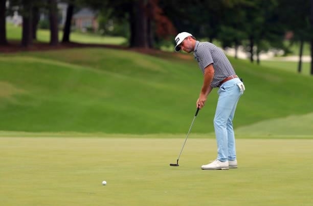 Austin Eckroat putts on the third hole during the third round of the BMW Charity Pro-Am presented by Synnex Corporation at the Thornblade Club on...