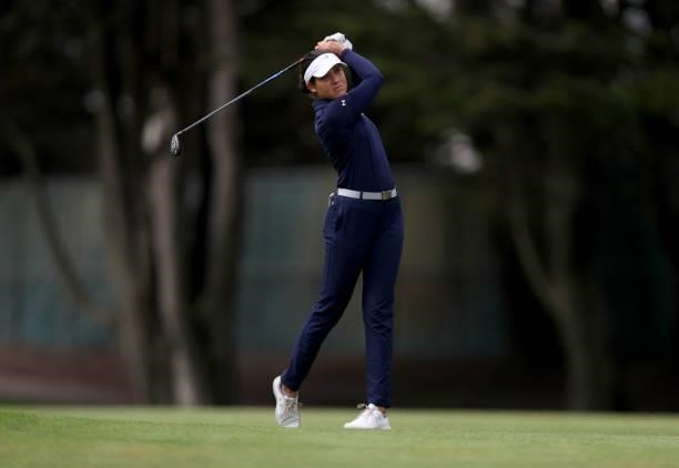 Albane Valenzuela of Switzerland hits a shot on the 18th hole during the round three of the LPGA Mediheal Championship at Lake Merced Golf Club on...