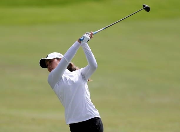Danielle Kang of the United States hits a shot on the 9th hole during the round three of the LPGA Mediheal Championship at Lake Merced Golf Club on...