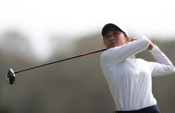 Lauren Kim of the United States hits a shot on the 9th hole during the round three of the LPGA Mediheal Championship at Lake Merced Golf Club on June...