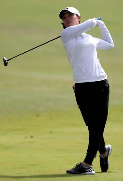 Danielle Kang of the United States hits a shot on the 9th hole during the round three of the LPGA Mediheal Championship at Lake Merced Golf Club on...