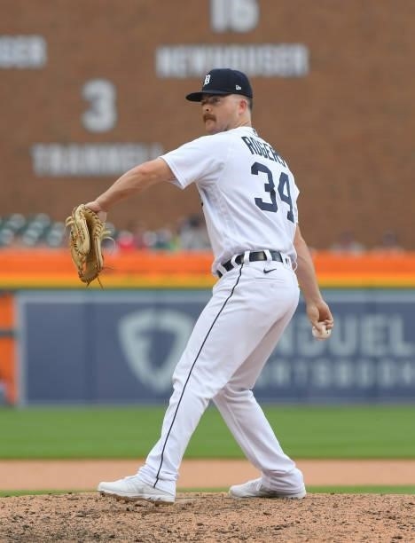 Jake Rogers of the Detroit Tigers pitches in the eighth inning of the game against the Chicago White Sox at Comerica Park on June 12, 2021 in...