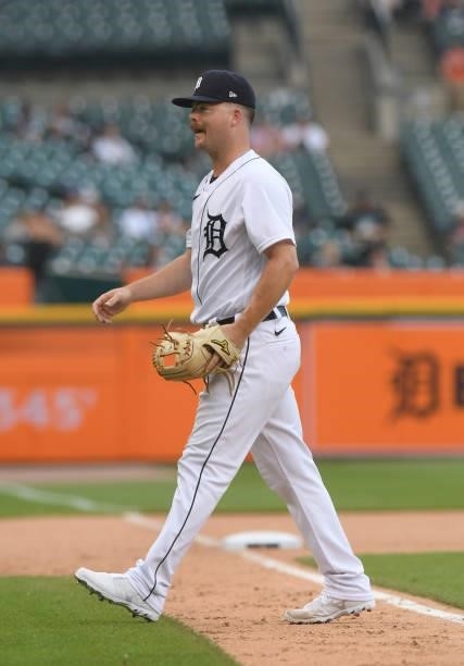 Jake Rogers of the Detroit Tigers walks off the field after pitching in the eighth inning of the game against the Chicago White Sox at Comerica Park...