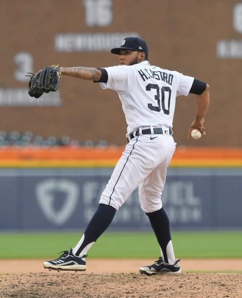 Infielder Harold Castro of the Detroit Tigers pitches in the ninth inning of the game against the Chicago White Sox at Comerica Park on June 12, 2021...