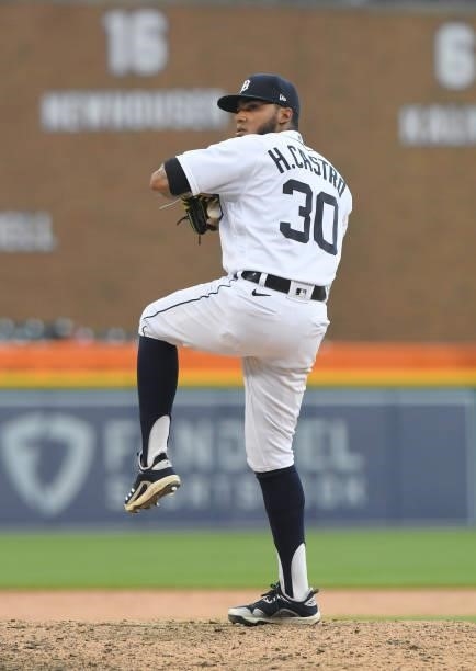 Infielder Harold Castro of the Detroit Tigers pitches in the ninth inning of the game against the Chicago White Sox at Comerica Park on June 12, 2021...