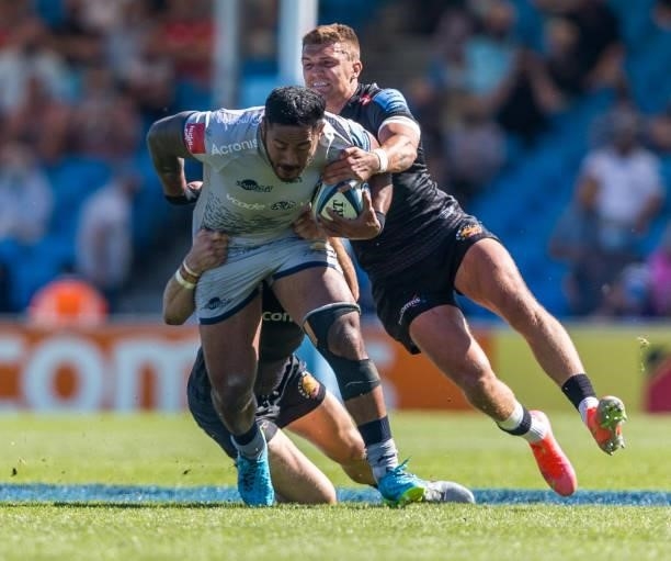 Sale Sharks' Manu Tuilagi in action during the Gallagher Premiership Rugby match between Exeter Chiefs and Sale at Sandy Park on June 12, 2021 in...
