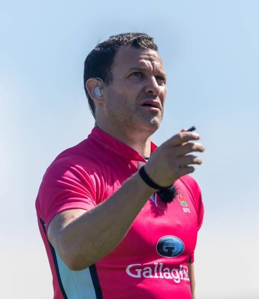 Referee Karl Dickson during the Gallagher Premiership Rugby match between Exeter Chiefs and Sale at Sandy Park on June 12, 2021 in Exeter, England.