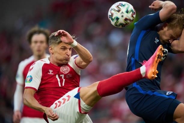 Jens Stryger Larsen of Denmark in action during the UEFA EURO 2020 Group B match between Denmark and Finland at Parken Stadium on June 12, 2021 in...