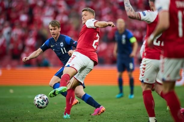 Andreas Cornelius of Denmark in action during the UEFA EURO 2020 Group B match between Denmark and Finland at Parken Stadium on June 12, 2021 in...