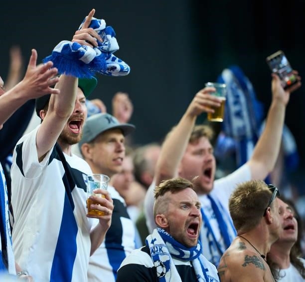 Fans of Finland celebrate during the UEFA EURO 2020 Group B match between Denmark and Finland at Parken Stadium on June 12, 2021 in Copenhagen,...