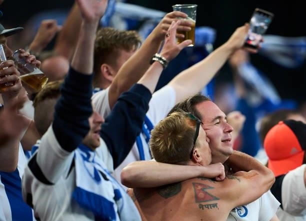 Fans of Finland celebrate during the UEFA EURO 2020 Group B match between Denmark and Finland at Parken Stadium on June 12, 2021 in Copenhagen,...