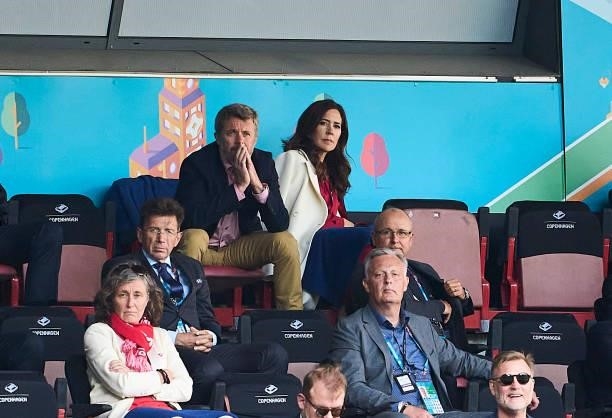 Crownprince Frederik and Cronprincess Mary of Denmark watching the UEFA EURO 2020 Group B match between Denmark and Finland at Parken Stadium on June...