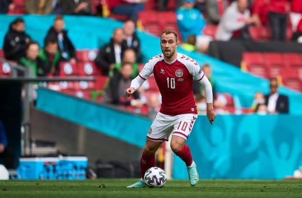 Christian Eriksen of Denmark controls the ball during the UEFA EURO 2020 Group B match between Denmark and Finland at Parken Stadium on June 12, 2021...