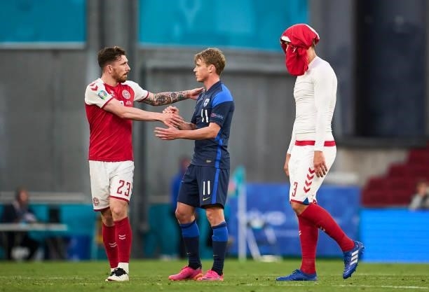 Jannik Vestergaard of Denmark shows emotions after the UEFA EURO 2020 Group B match between Denmark and Finland at Parken Stadium on June 12, 2021 in...