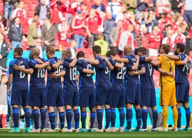 The players of Finland during the national anthems prior to the UEFA EURO 2020 Group B match between Denmark and Finland at Parken Stadium on June...