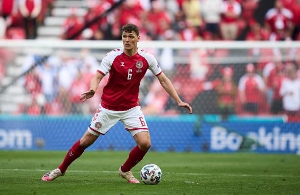 Andreas Christensen of Denmark controls the ball during the UEFA EURO 2020 Group B match between Denmark and Finland at Parken Stadium on June 12,...